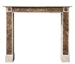 An English Brocatello and statuary marble chimneypiece, c.1830, the jambs surmounted by roundels,...