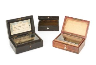 Three miniature music boxes, mid-to-late 19th century, comprising: a sectional tabatiére music bo...