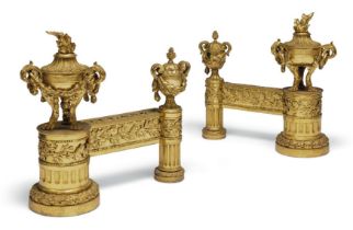 A pair of large French gilt and lacquered bronze chenets, last quarter 19th century, each modelle...