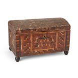 A French straw-work domed table casket, dated 1787, the front inlaid with a chateau above a panel...