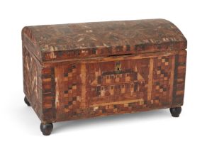 A French straw-work domed table casket, dated 1787, the front inlaid with a chateau above a panel...