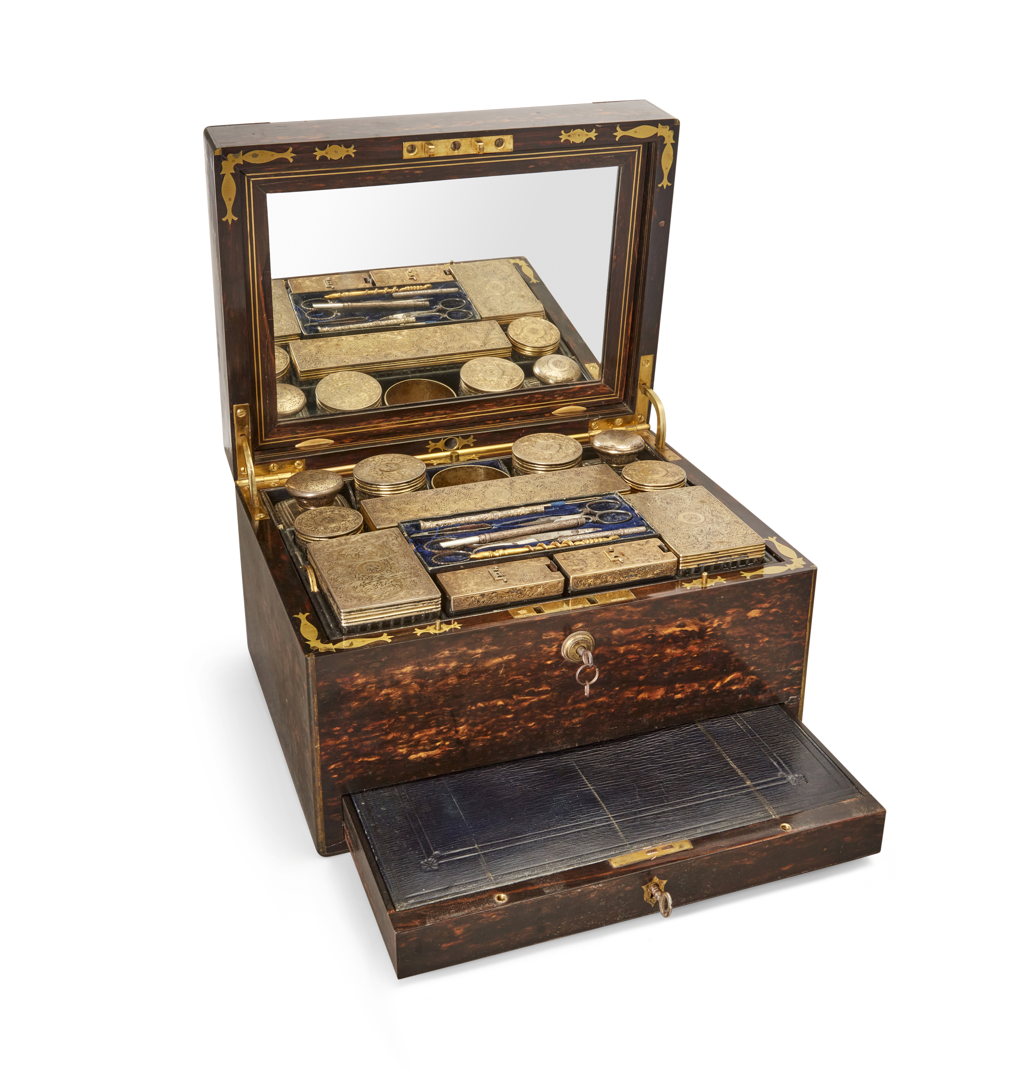 A Victorian coromandel vanity case, mid-19th century, the hinged lid with monogrammed cartouche e...