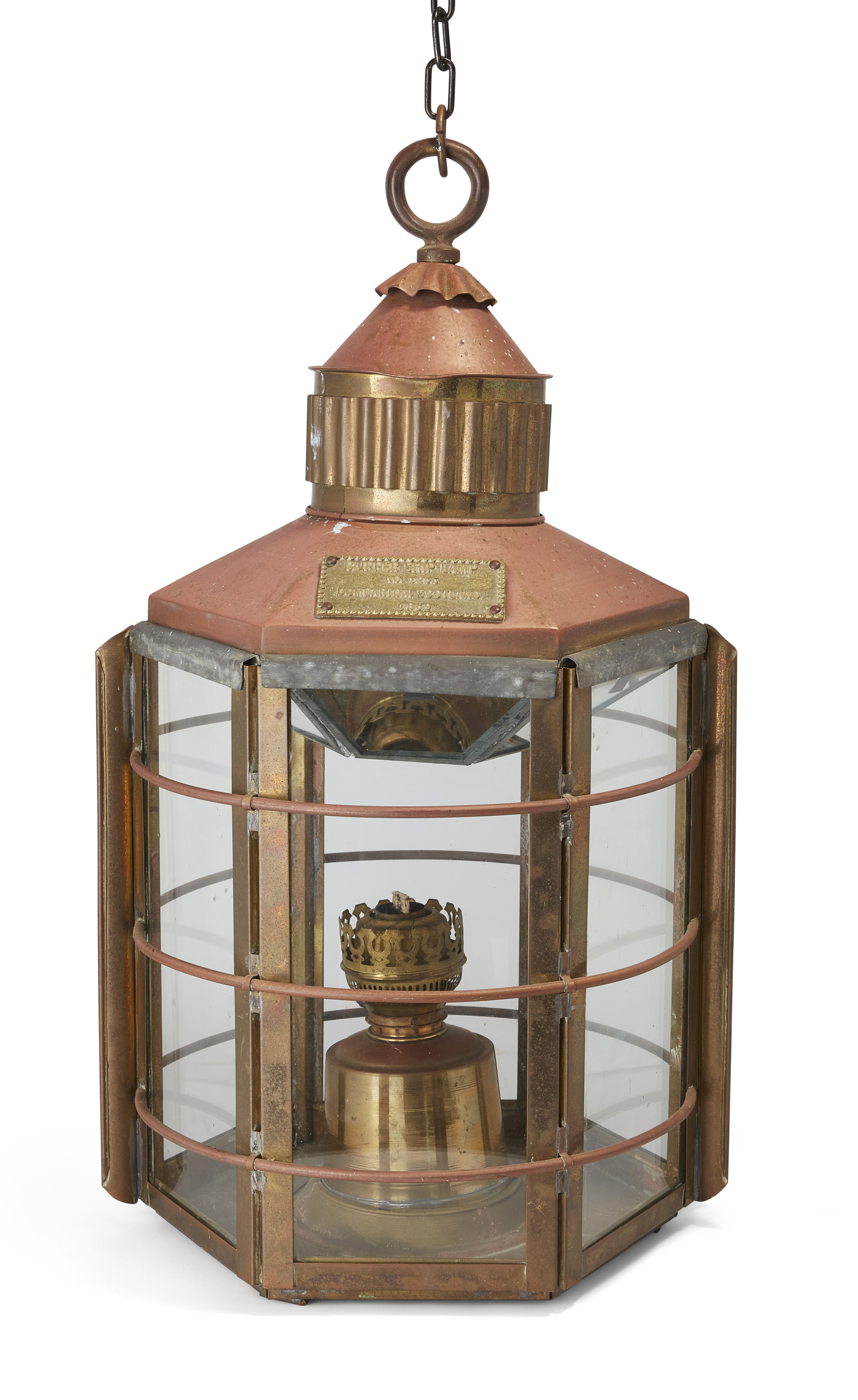 A Victorian hexagonal brass and copper oil burning ship's lantern, third quarter 19th century, th...