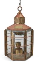 A Victorian hexagonal brass and copper oil burning ship's lantern, third quarter 19th century, th...