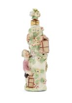 A gilt-brass mounted Chelsea porcelain scent bottle and stopper, c.1765, modelled as a gallant wi...