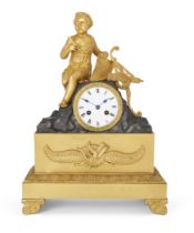 A Charles X gilt and patinated bronze mantel clock, second quarter 19th century, the case surmoun...