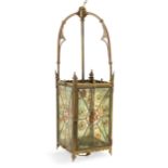 A Victorian brass and lead-framed stained glass hanging lantern, of Aesthetic style, c.1870, of r...