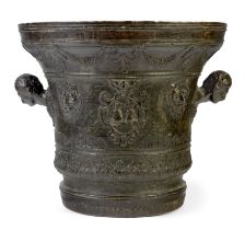 A large Italian bronze mortar, Veneto, 17th century, of Renaissance style, cast with twin human h...