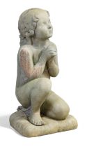 A lead figure of a child kneeling at prayer, 20th century, on a separate 'cushion' base, 70cm hig...