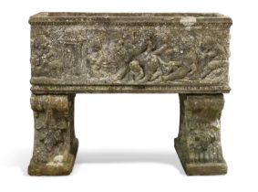 A reconstituted stone planter, second half 20th century, with a continuous relief depicting a pro...