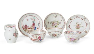 A group of Lowestoft porcelain, c.1768-85, comprising: a ‘Mandarin Green Window’ pattern tea bowl...