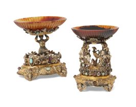 Two gilt-brass and agate tazze, probably Viennese, late 19th century, each mounted with garnets a...