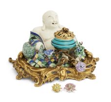 A French gilt-bronze mounted porcelain encrier, 19th century, mounted with a Samson & Co. Chinese...