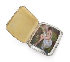 A Continental silver and enamel cigarette case with concealed erotic scene, early 20th century, m...