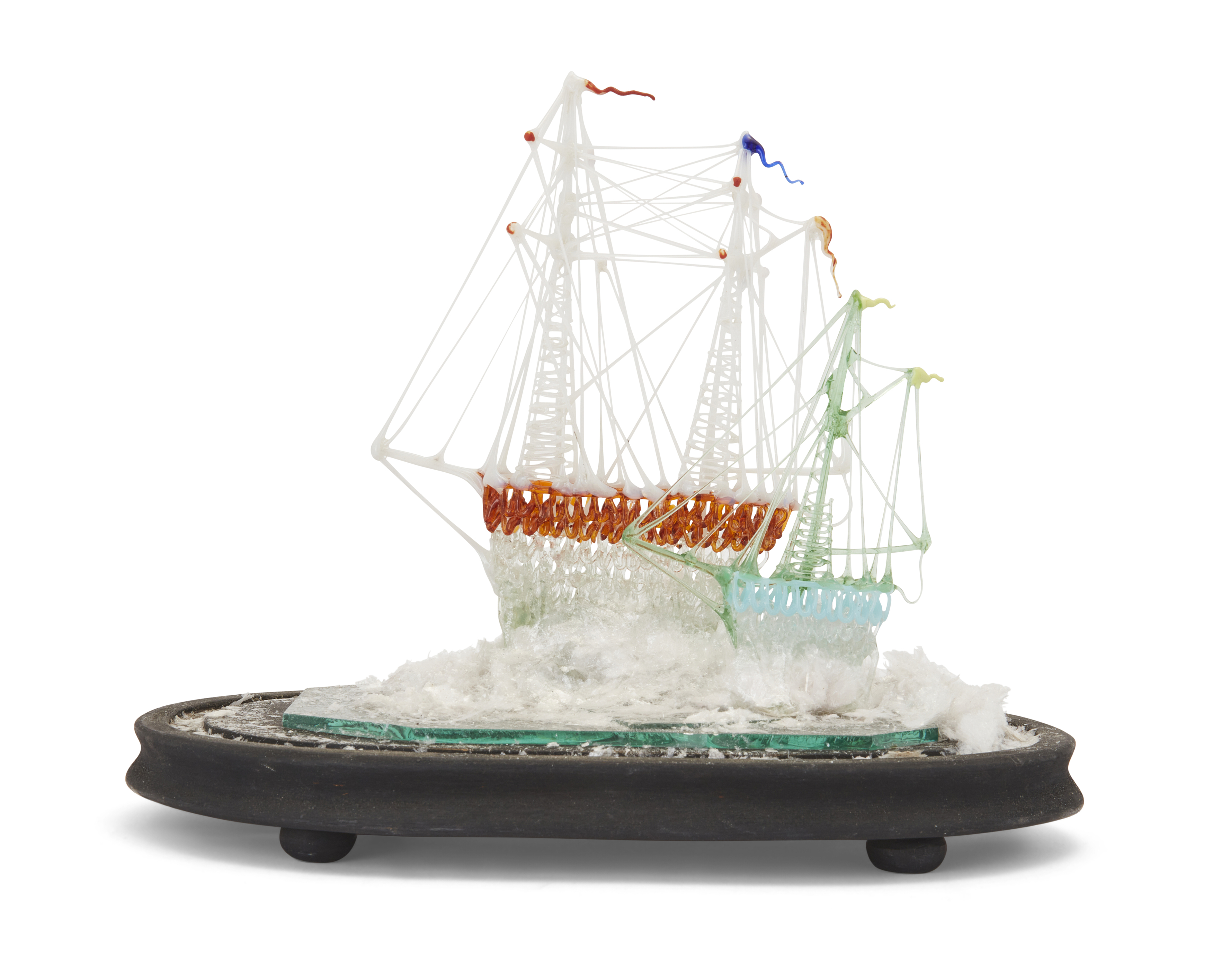 A Victorian Nailsea type coloured glass model of two friggers, under a glass dome with later stai... - Image 2 of 2