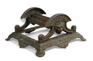 A Scottish Victorian painted cast-iron boot scraper, mid-19th century, the arched ends with lion ...