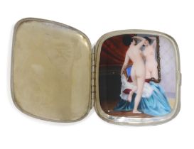 A silver and enamel cigarette case with concealed erotic scene, with import marks for Birmingham,...