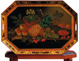 A Regency painted tole tray, first quarter 19th century, possibly Birmingham, decorated with butt...