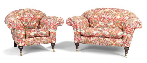 Two matching modern armchairs from the Sofa Workshop, with William Morris style "Strawberry Thief...