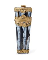 A George III gilt-brass mounted banded agate etui, third quarter 18th century, the rococo mounts ...