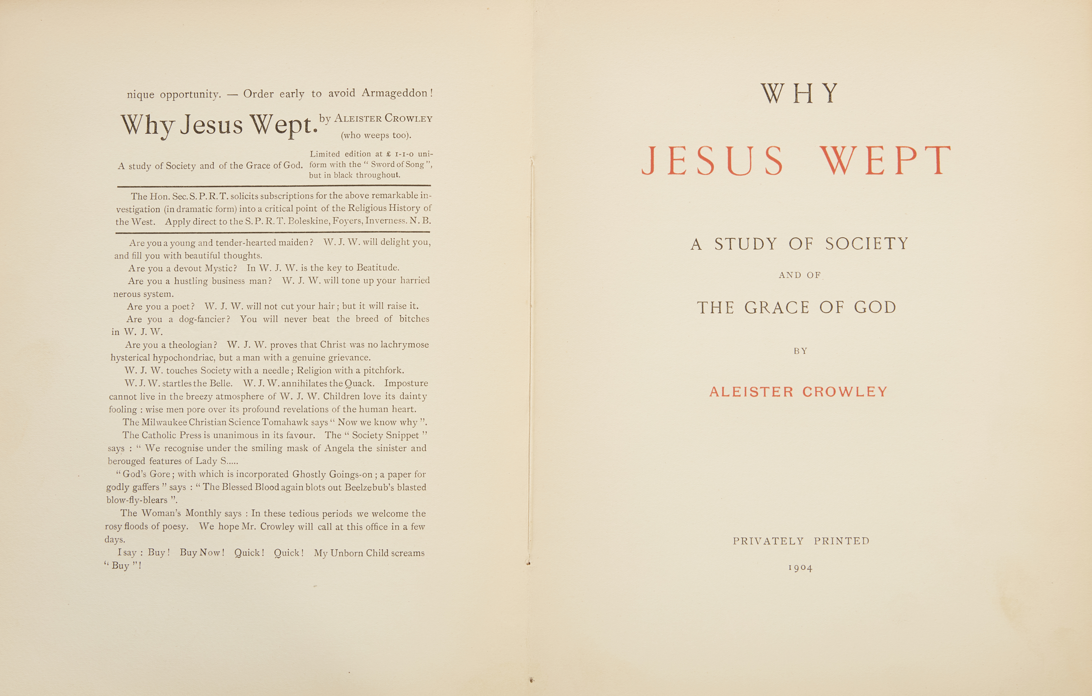 Crowley, Aleister, Why Jesus Wept: A Study of Society and of the Grace of God, First Edition, Fir... - Image 2 of 2