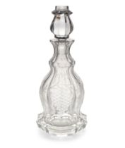 A large Victorian faceted crystal decanter, late 19th century, of mallet form with faceted knoppe...