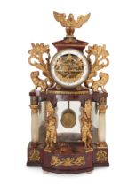 An Austrian musical mantel clock with automation, early 19th century, the painted wood architectu...