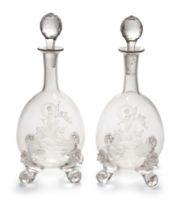Two engraved crystal globe and shaft decanters, probably Thomas Webb & Sons, c.1870-80, with late...