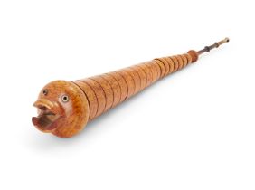 A burr maple smoking pipe, early 20th century, modelled as a fish with open mouth and articulated...