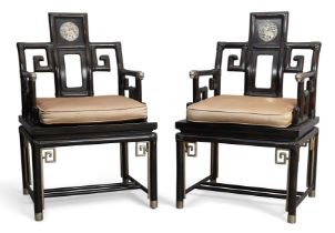 A pair of Chinese ebonised faux bamboo armchairs, possibly by Ralph Lauren, last quarter 20th cen...