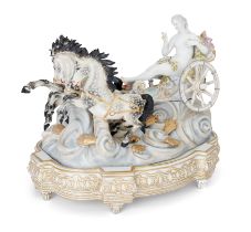 A Meissen-style porcelain mythological chariot table centrepiece and stand, late 19th century, sp...