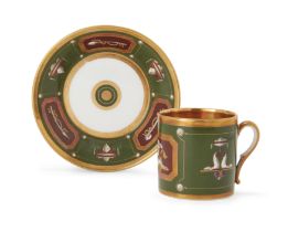 A Paris (Halley) porcelain dark-green-ground cabinet-cup and saucer, c.1800-10, gilt Halley mark,...