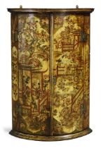 A Dutch chinoiserie painted and lacquered bow front corner cupboard, third quarter 18th century, ...