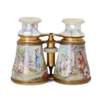 A pair of French gilt-brass and enamel opera glasses, late 19th century, with mother-of-pearl eye...