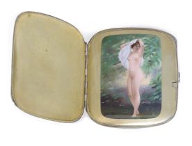 A German silver and enamel cigarette case with concealed erotic scene, early 20th century, marked...