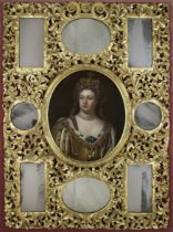 A giltwood overmantel mirror with a painting after Sir Godfrey Kneller, 1st Bt, German / English ...