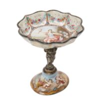 A Viennese silver-mounted enamel tazza, c.1890, the scallop shaped dish centred by Venus seated i...