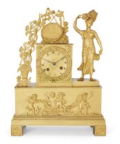 An Empire gilt-bronze mantel clock, early 19th century, the case with a lady carrying a wheat she...