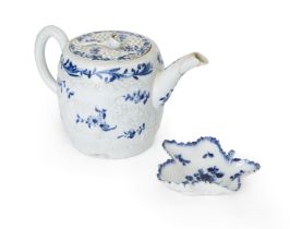 A Worcester blue and white porcelain teapot and cover, c.1755-65, blue workman's mark to teapot a...