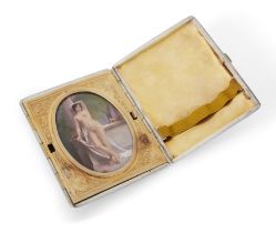 A silver and enamel combination cigarette case with concealed erotic scene and mirror, late 19th ...