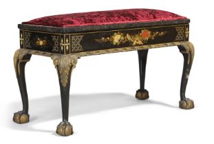 An English japanned duet piano stool, first quarter 20th century, velour upholstered hinged seat,...