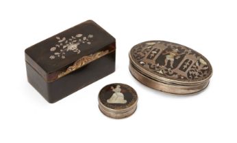 A mother-of-pearl and tortoiseshell mounted snuff box, early 18th century, unmarked, of oval form...