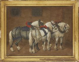 Attributed to Benjamin Zobel, German-British, 1762-1830, a sand picture of three dray horses, ear...