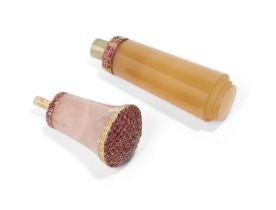 A ruby-mounted rose quartz parasol handle, in gold settings, 4cm long; together with a ruby and d...