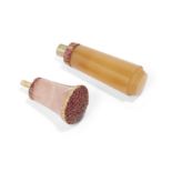 A ruby-mounted rose quartz parasol handle, in gold settings, 4cm long; together with a ruby and d...