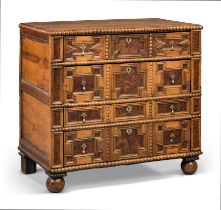 A Charles II ash, oak and fruitwood chest, last quarter 17th century, the rectangular top above f...