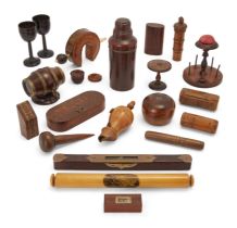 A group of treen objects, 19th century, comprising: a brass-mounted lignum vitae string box in th...