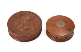 A pressed maple snuff box, early 19th century, the lid in relief with a portrait of the Duke of W...