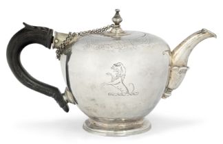 A George II provincial silver bullet teapot.  William Parry,  Exeter, 1742.  Of bullet form wi...