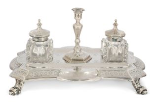 A Victorian silver inkstand.  Edward, John & William Barnard,  London, 1850.  The shaped recta...